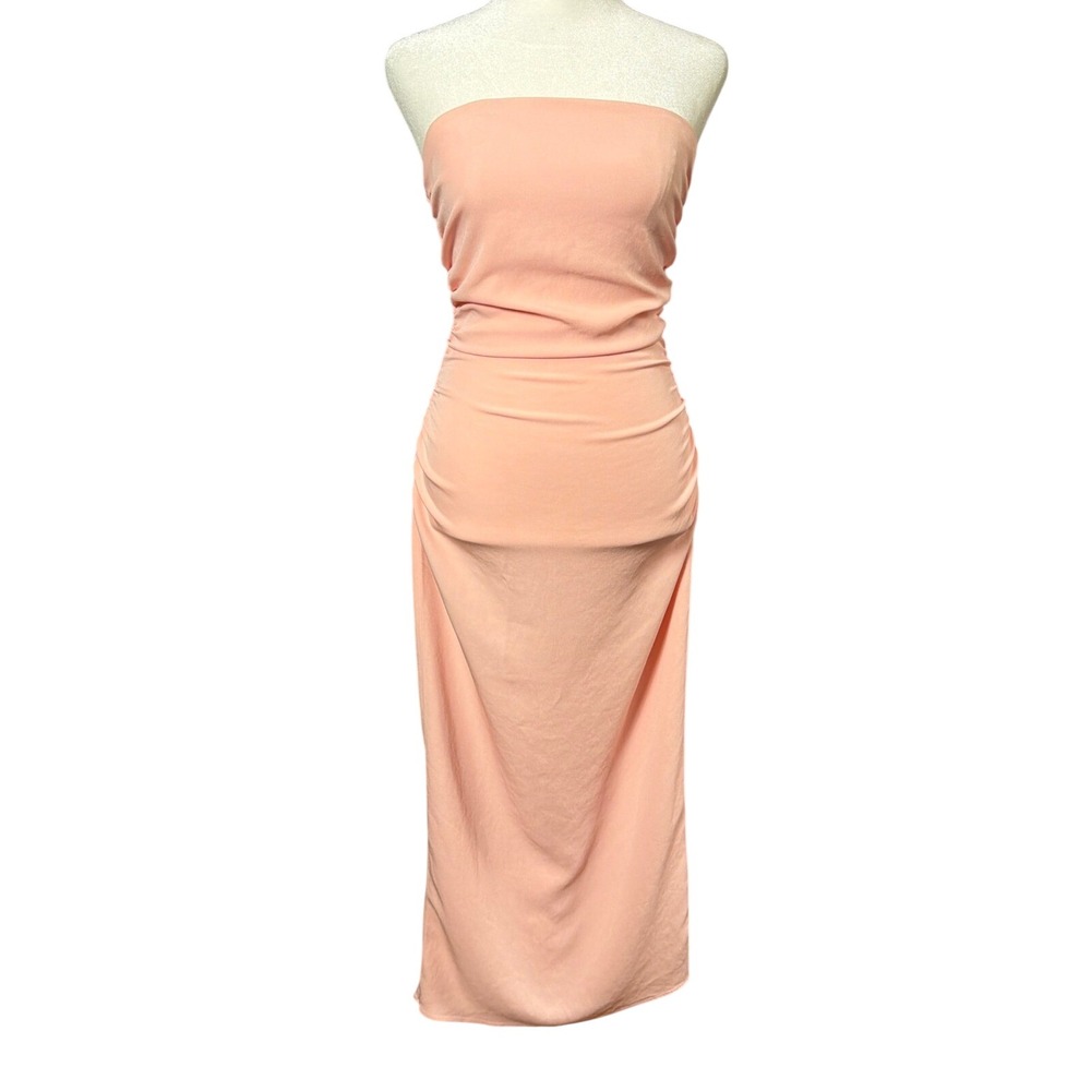 REISS Izzy Ruched Strapless Midi Dress Wedding Guest 4 Peach Hoco